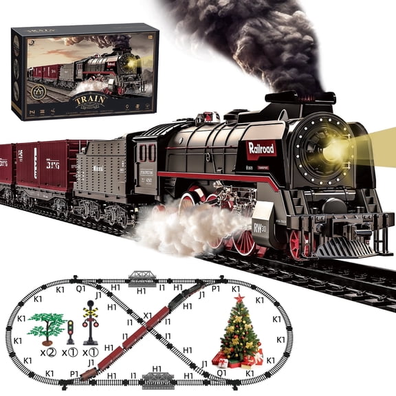 Losbenco Train Set for Kids, Electric Train Track Toy with Smoke, Light and Sound, Steam Locomotive Engine Train Toy for 3 4 5 6 7+ Years Old Boys Gifts