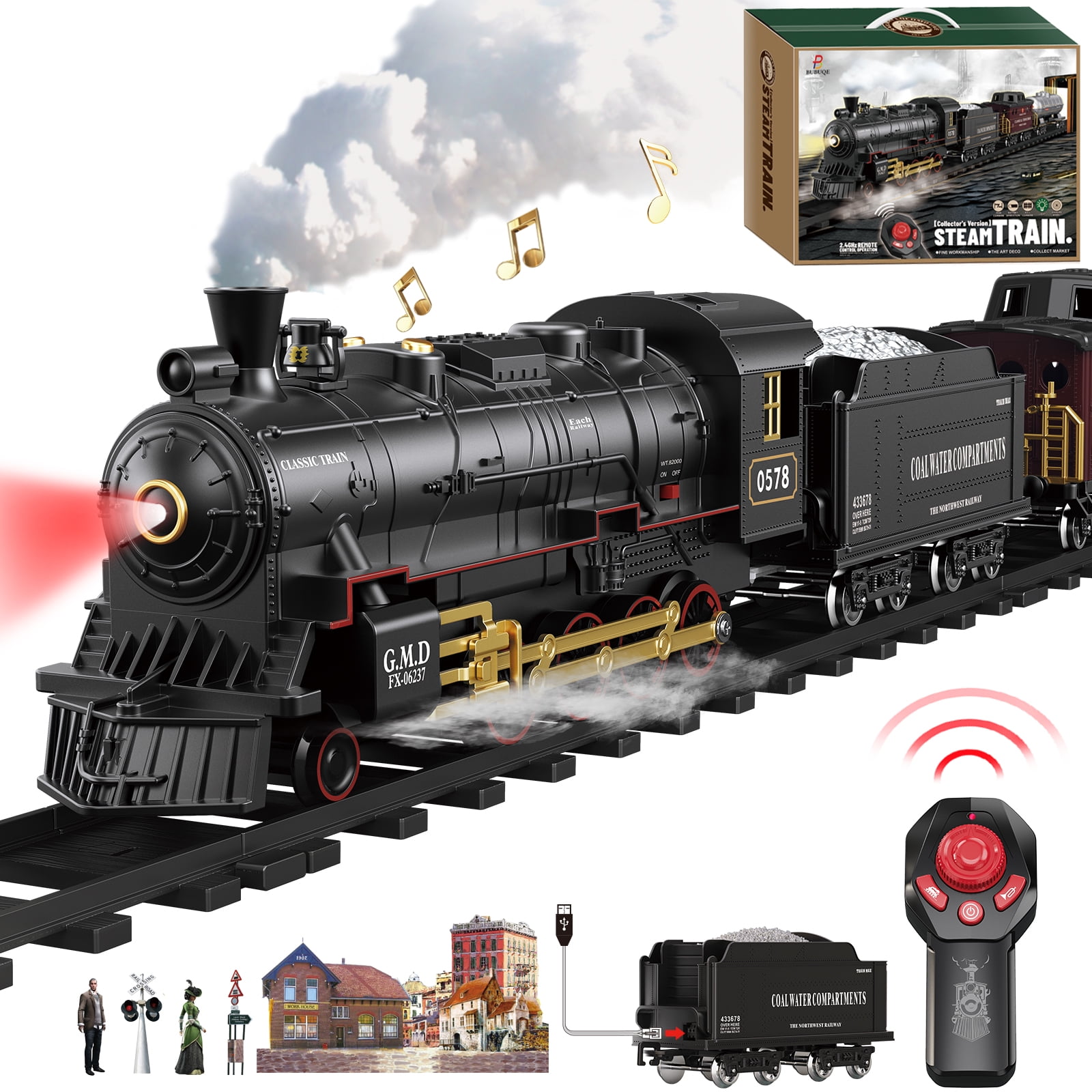 Electric Remote Control Train Set Christmas Trains Steam Locomotive, Cargo Car & Tracks, Rechargeable Train Toys for Kids w/3 Smoke,Whistle & Lights, Christmas Birthday Gift for Boys Girls 3 4 5 6 7