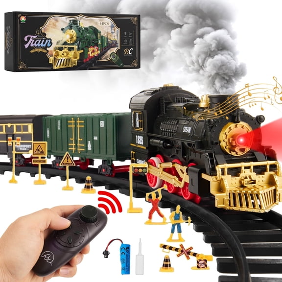Lictin Remote Control Train Set for Kids, Rechargeable Electric Train Set with Smoke, Lights & Sounds, RC Train Track Toys Gifts for Boys Girls 3 4 5 6+ Years Old