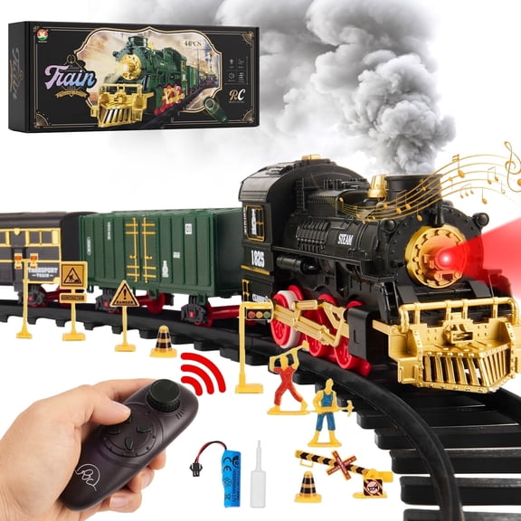 Lictin Remote Control Train Set for Kids, Rechargeable Electric Train Set with Smoke, Lights & Sounds, RC Train Track Toys Gifts for Boys Girls 3 4 5 6+ Years Old