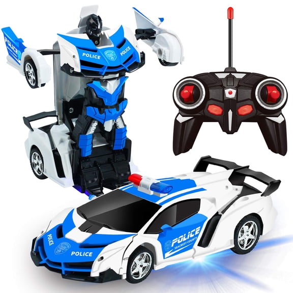 Remote Control Transform Car Robot Toy 2.4Ghz 1:18 Rechargeable 360°Rotating Stunt Race Car Toys for Kids Boys Girls Age 8 9 10 11 Year Old Toy Gifts(Blue Police Car)