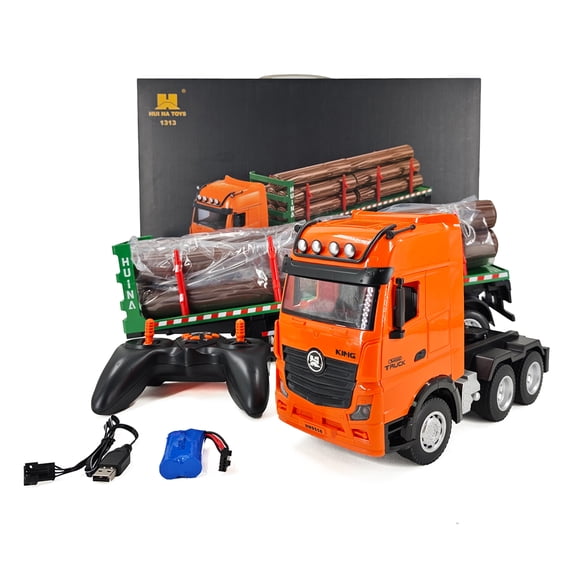 Remote Control Truck, 1:18 2.4GHz 9-Channel RC Timber Transport Truck with Detachable Carriage, Lights and Sound, Remote Control Construction Vehicle for Hobbyists