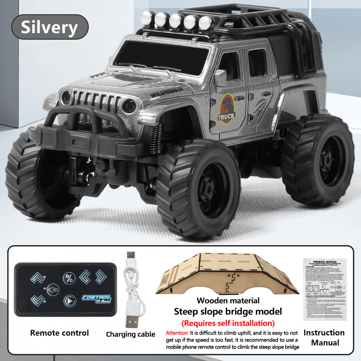 Remote Control Truck for Kids, 1:64 Alloy Mini RC Car with Wooden Bridge for Boys Girls Off-Road Vehicle Racing & Birthday Gifts(Sliver)