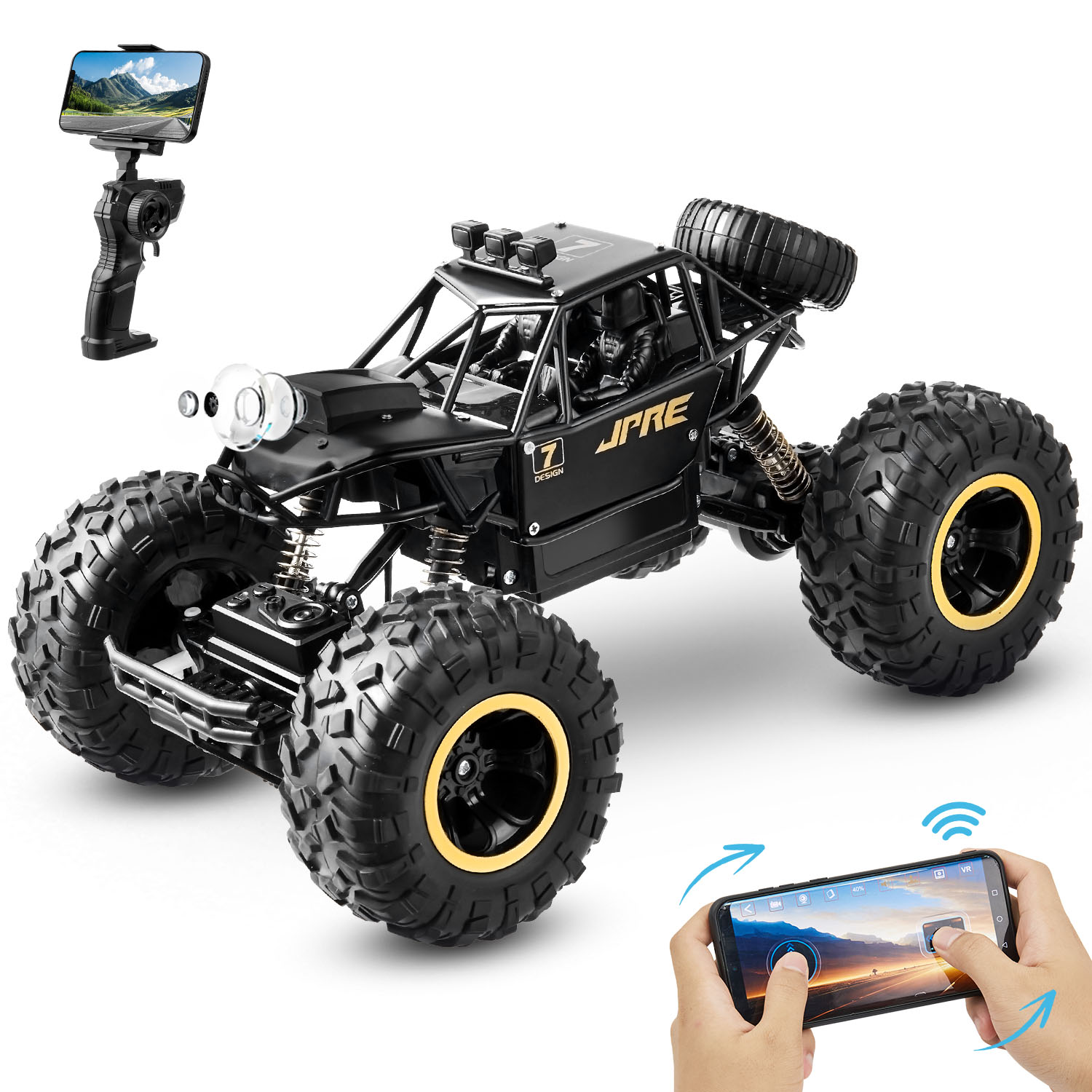 1:16 Scale Remote Control Car with 1080P FPV Camera for Kids, Anpro 2.4GHz Off-Road High Speed Remote Control Monster Truck for Kids Adults, 2 Batteries, Black
