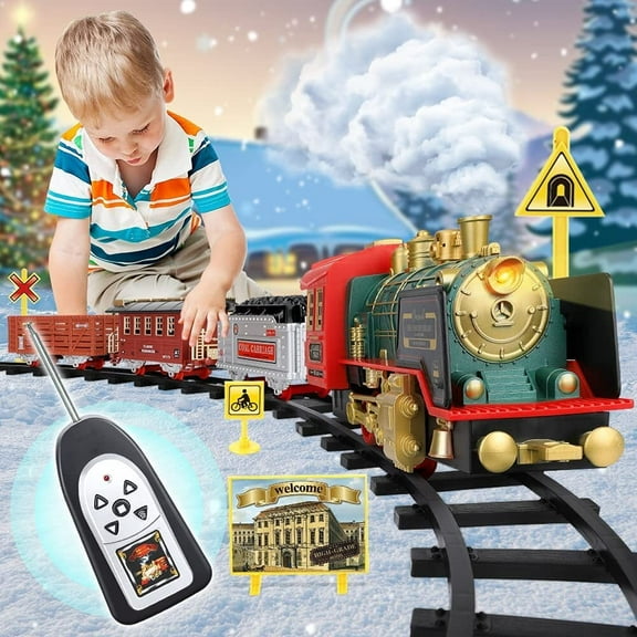 Remote Control Vintage Classic RC Train Toy Set with Real Smoke, Lights, Sound