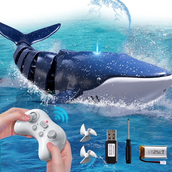 Remote Control Whale Shark Toy with Water Spray and LED Lights, 1:18 Scale 2.4GHz RC Water Boat for Pool and Bathtub, Gift for Kids Ages 6+