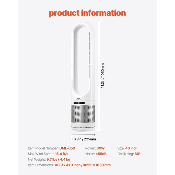 Remote Controlled 40 Inch Oscillating Tower Fan - 8H Timer, 15.4 ft/s High Velocity, 3 Speed Settings for Optimal Air Circulation