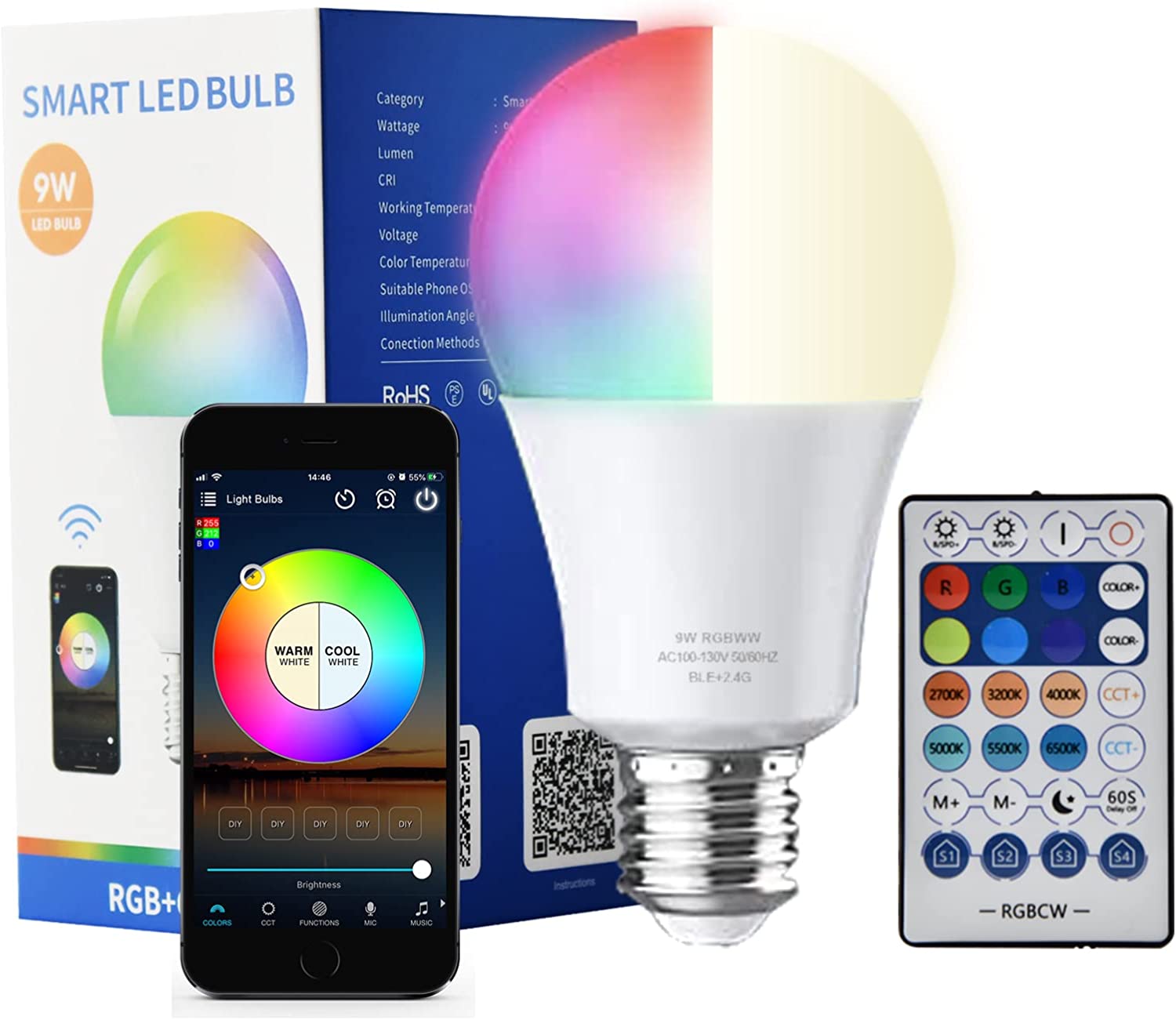 RemoteControlled LED Light Bulb 2700K6500K + RGB E26 Base