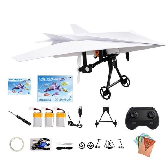 Remote Controlled Paper Airplane Kit, Dual Propeller DIY Glider with 3 Batteries 20 Colored Origami Papers 1 Foam Trainer, Outdoor Flying Toy Gift for Boys Kids