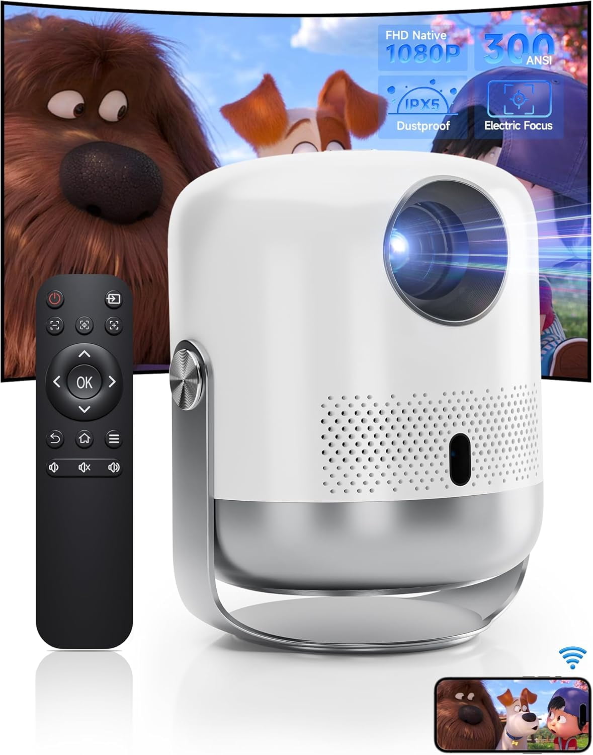 Remote Focus Movie Projector with WiFi 6 and Bluetooth, Native 1080P ...