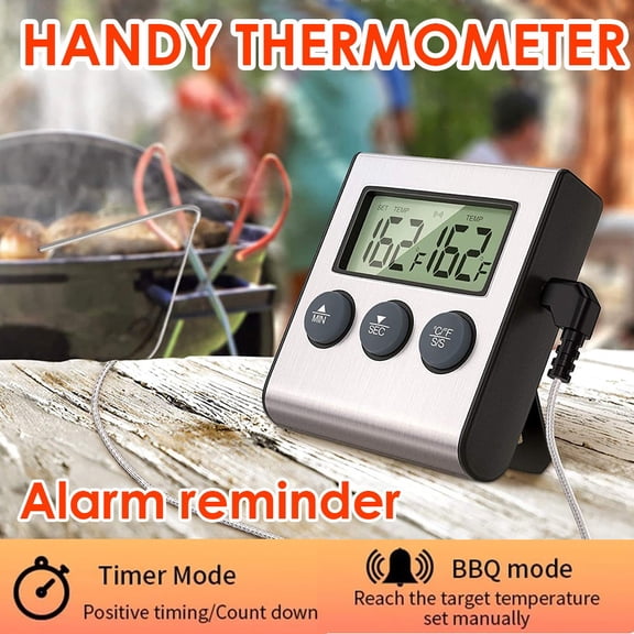 Remote Kitchen Digital Cooking Thermometer Probe Meat Food Temperature with Timer for Oven, Grill, BBQ (Silver)