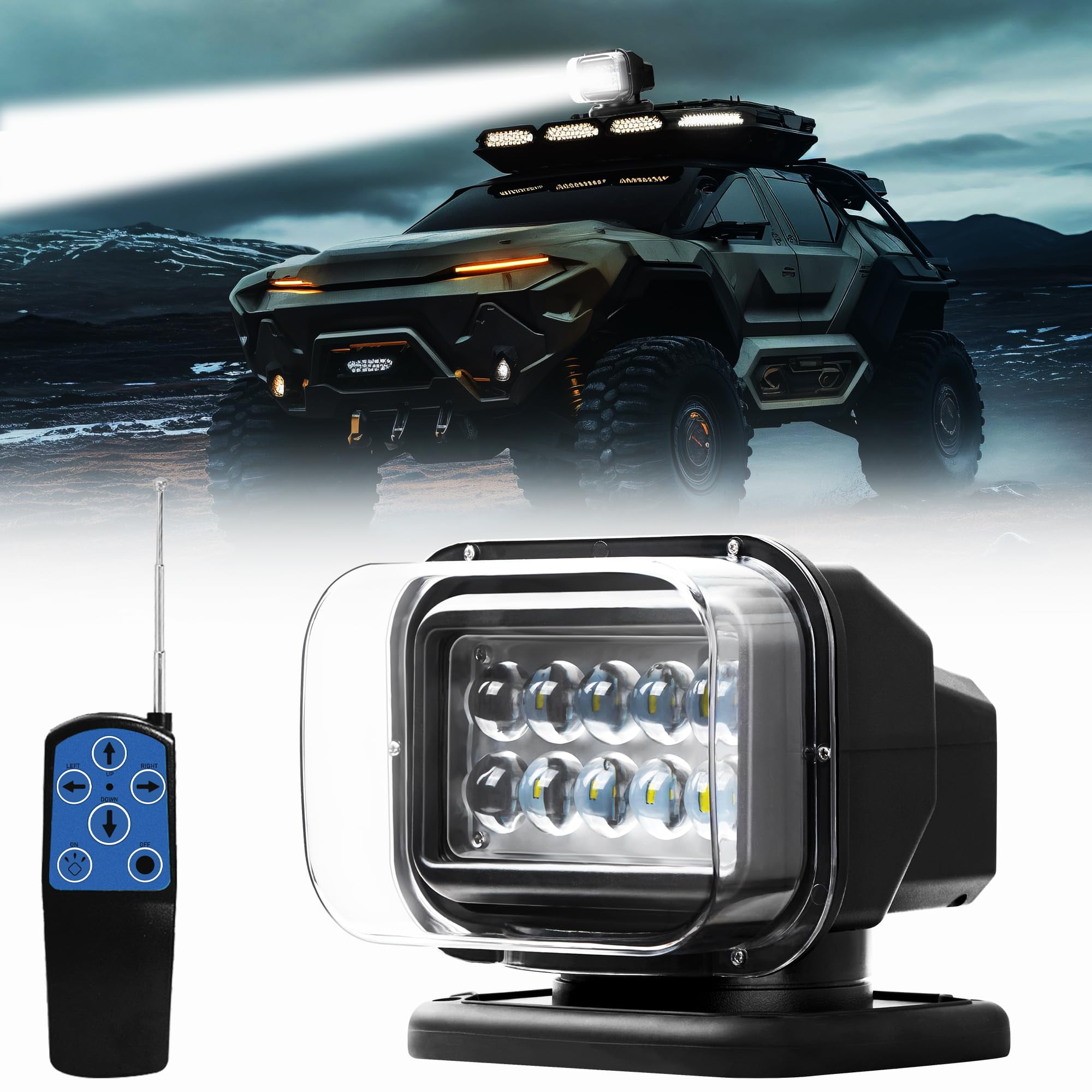 Remote LED Search Light, Auto-Reset 360 Rotating Marine Spotlight for Boat, 6 Strong Magnets Built-in Go Outdoor Spot Light for Truck Offroad Pickup 12V 24V