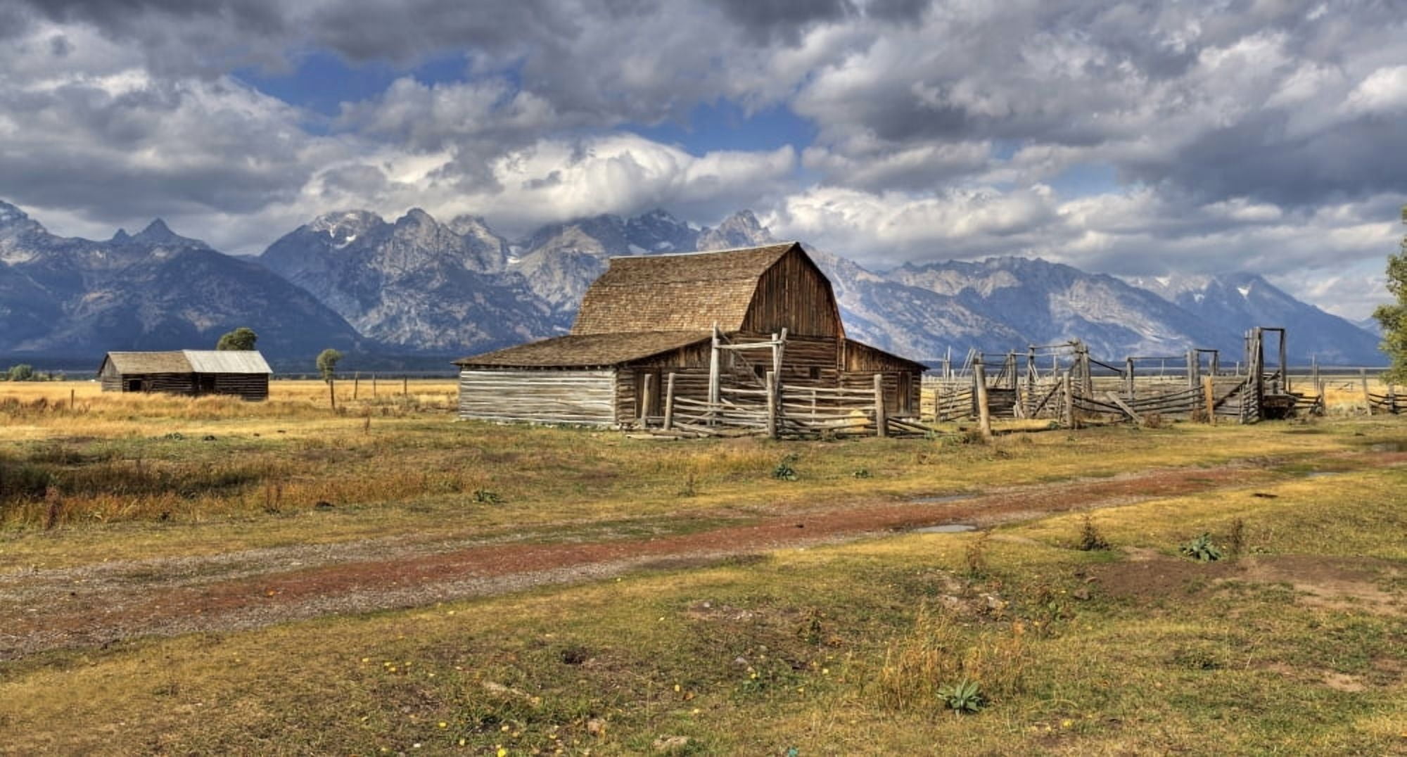 Remote Landscape With Mountains In Background Mormon Row Historic District Grand Teton National Park Teton Range Wyoming Usa Canvas Art - Robert Bartow Design Pics (44 x 24)