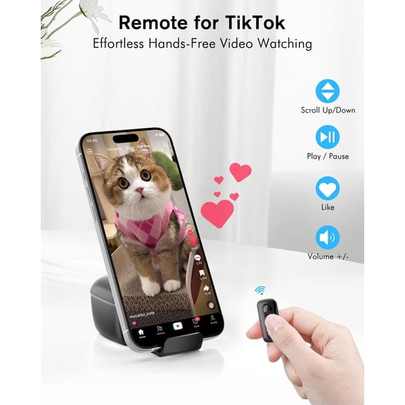 Remote Scrolling Ring for TikTok, 2-in-1 Tik Tok Scroller Ring with Phone Holder, Wireless Page Turner for iPad/iPhone Ebook Reading, Photo Taking Video Recording Remote for iOS Android Devices Black