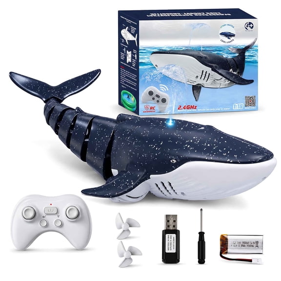Remote Water Toys, Underwater Rc Whale, Remote Whale Bath Toys, Rechargeable Pool Toys, Blue Whale Design with 1 Single Rechargeable Battery, 2.4Ghz Controller and Usb Charging
