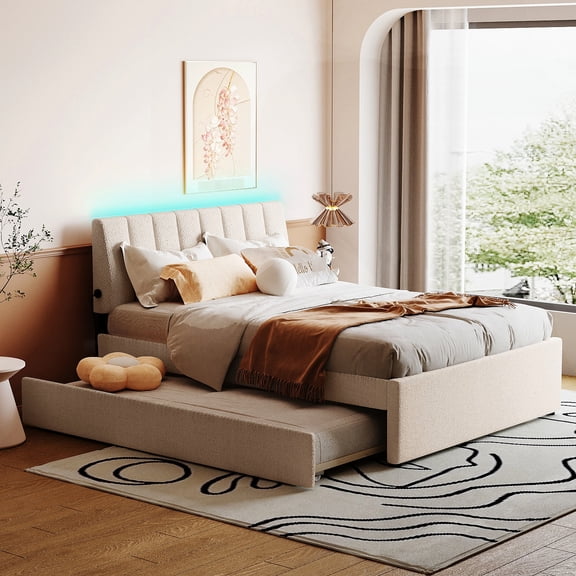 Remote and APP Control, Sturdy Bed Frame - Full Size Trundle Upholstered Bed