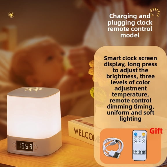 Remote control night light, bedroom table lamp, smart clock display, long press to adjust brightness, three-color mode, eye protection