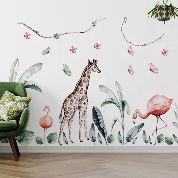 Removable 3D Nature Jungle Wild Animals Flamingo Wall Stickers DIY Peel and Stick Giraffe and Tropical Leaves Wall Decals Aniaml Wall Art Decor for Kids Baby Bedroom Nursery Living Room