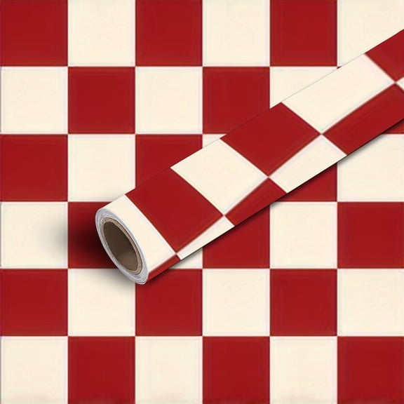 Removable Checkerboard Peel and Stick Wallpaper - Red White Black Cream Vinyl Tiles, Waterproof Glossy Textured Surface for Bathroom Living Room, Easy Gap-Free Installation