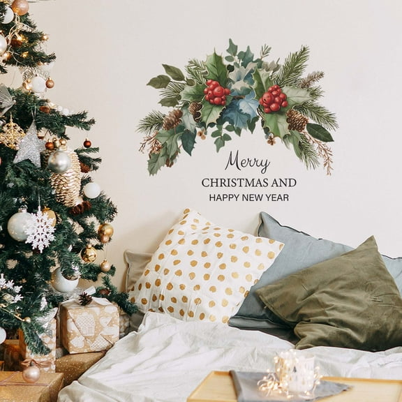 Removable Christmas Wreath Wall Stickers - Green Leaves, Pinecones, And Red Berries Pattern Decals for Home, Office, And Glass Holiday Decor
