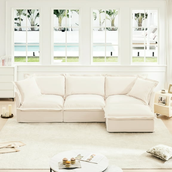 Removable Cover Sectional Couch, Comfy Chenille Deep Seat, Cream Breathable Seat For Office,