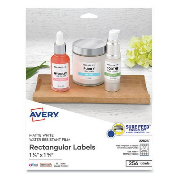 Removable Durable White Rectangle Labels W/ Sure Feed, 1 1/4 X 1 3/4, 256/pk | Bundle of 10 Packs