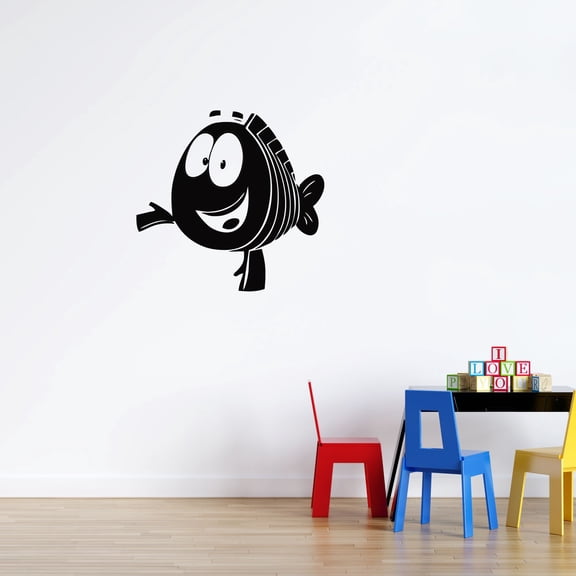 Removable Fish Cartoon Character Mr Groupy Wall Art Decal - 18" x 20" Vinyl Adhesive Bubble Guppies Kids Bedroom Nursery Wall Decor Design Home Decoration Sticker - Black