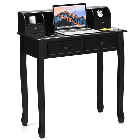 Removable Floating Organizer 2-Tier Mission Style Vanity Desk with Storage Cabinet Modern Computer Writing Desk Makeup Table for Bedroom Living Room Home Office Furniture Black MDF Wood Finish