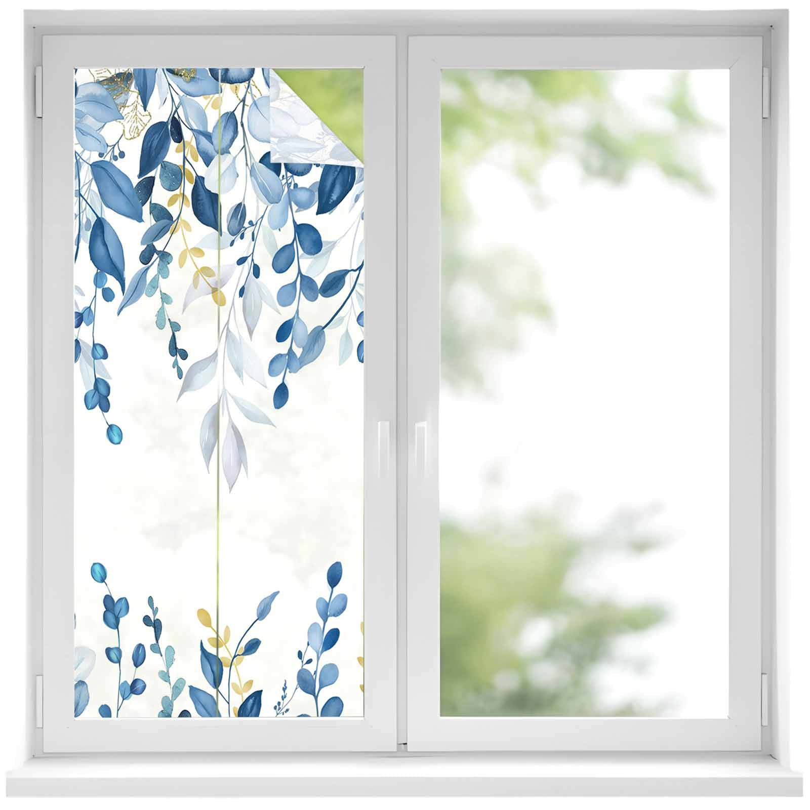 Removable Glass Window Covering, Blue Eucalyptus Leaves Window Privacy Film Frosted, Farmhouse Botanical Watercolor Decorative Privacy Windows Film for Bedroom, Living Room, 19.6 x 39.3 Inches