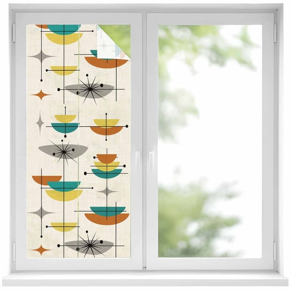 Removable Glass Window Covering, Boho Modern Window Privacy Film Frosted, Middle Century Teal Yellow Orange Geometric Decorative Privacy Windows Film for Bedroom, Living Room, 19.6 x 39.3 Inches