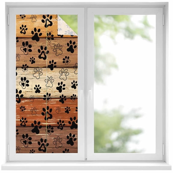 Removable Glass Window Covering, Burnt Orange Dog Paws Window Privacy Film Frosted, Farmhouse Vintage Modern Brown Wood Decorative Privacy Windows Film for Bedroom, Living Room, 19.6 x 39.3 Inches