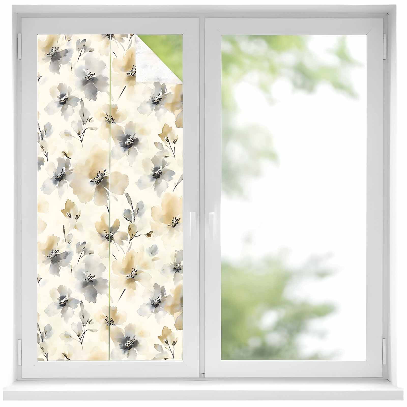 Removable Glass Window Covering, Gray Beige Floral Window Privacy Film ...