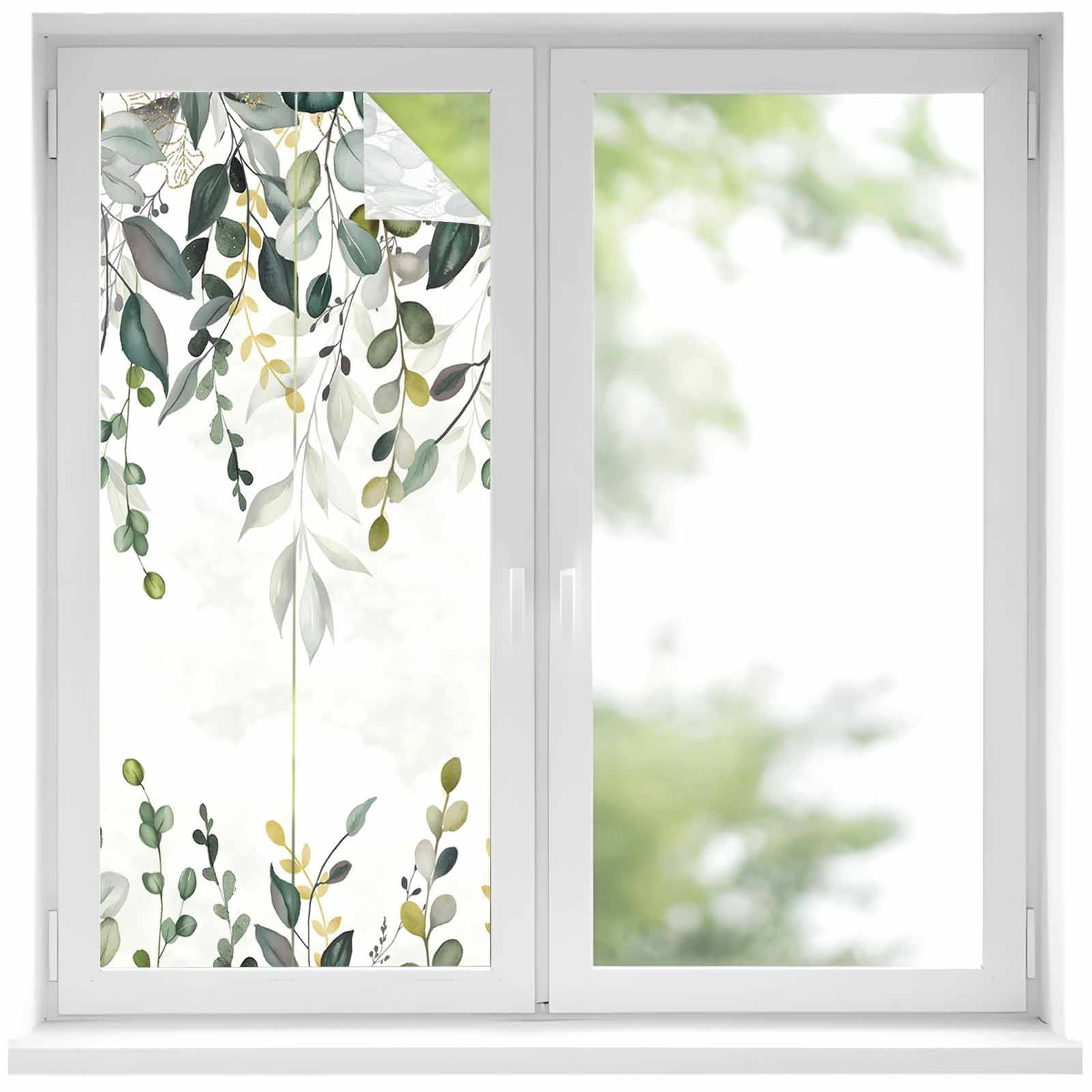 Removable Glass Window Covering, Gray Green Eucalyptus Leaves Window Privacy Film Frosted, Farmhouse Botanical Watercolor Decorative Privacy Windows Film for Bedroom, Living Room, 19.6 x 39.3 Inches