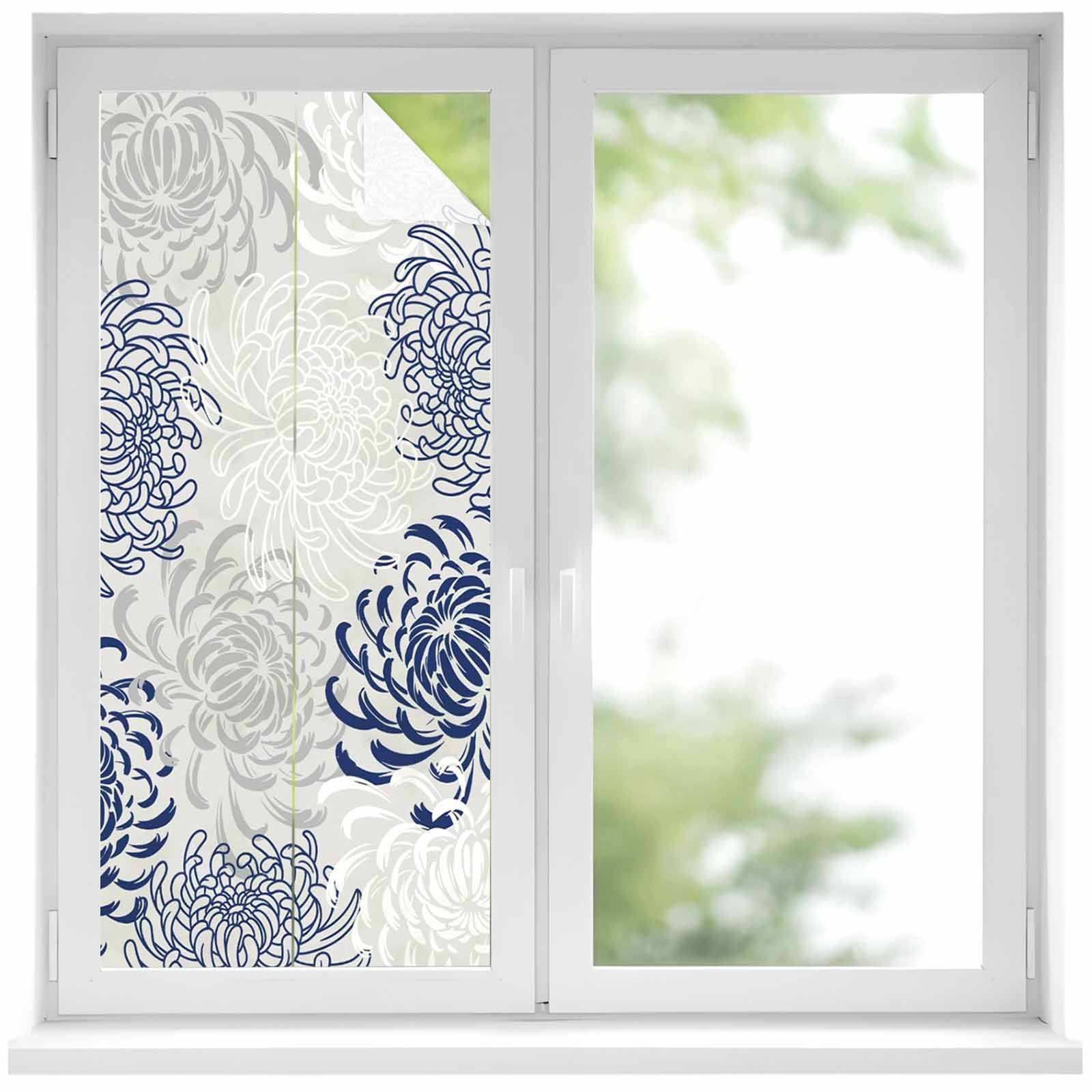 Removable Glass Window Covering, Navy Blue Chrysanthemum Window Privacy ...