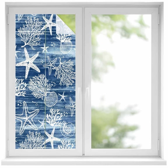 Removable Glass Window Covering, Navy Blue Coastal Window Privacy Film Frosted, Summer Beach Ocean Coral Starfish Decorative Privacy Windows Film for Bedroom, Living Room, 19.6 x 39.3 Inches