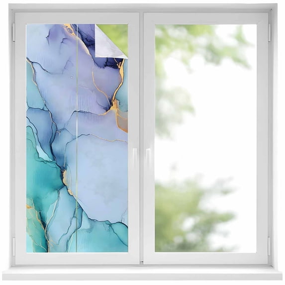 Removable Glass Window Covering, Purple Teal Golden Marble Window Privacy Film Frosted, Abstract Modern Geometric Decorative Privacy Windows Film for Bedroom, Living Room, 19.6 x 39.3 Inches