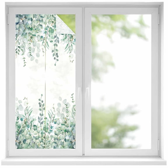 Removable Glass Window Covering, Sage Green Eucalyptus Leaves Window Privacy Film Frosted, Spring Summer Botanical Rustic Decorative Privacy Windows Film for Bedroom, Living Room, 19.6 x 39.3 Inches