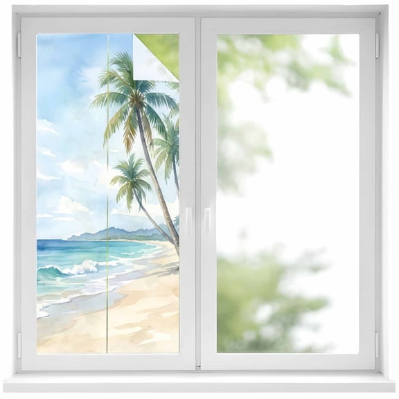Removable Glass Window Covering, Summer Beach Palm Tree Window Privacy Film Frosted, Blue Coastal Tropical Ocean Decorative Privacy Windows Film for Bedroom, Living Room, 19.6 x 39.3 Inches