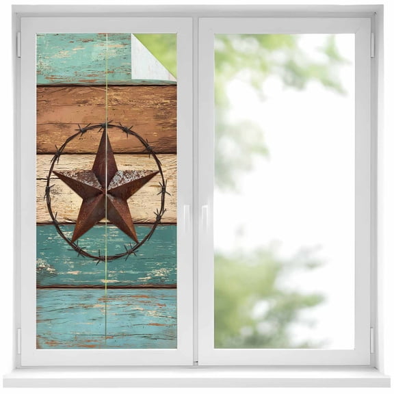 Removable Glass Window Covering, Texas Star Rustic Window Privacy Film Frosted, Western Teal Brown Ombre Wooden Vintage Decorative Privacy Windows Film for Bedroom, Living Room, 19.6 x 39.3 Inches