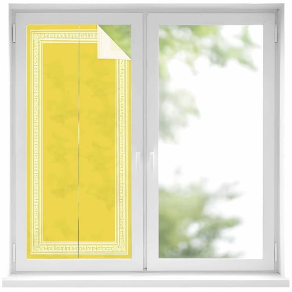 Removable Glass Window Covering, Yellow Geometric Window Privacy Film Frosted, White Greek Key Design Abstract Modern Art Decorative Privacy Windows Film for Bedroom, Living Room, 19.6 x 39.3 Inches