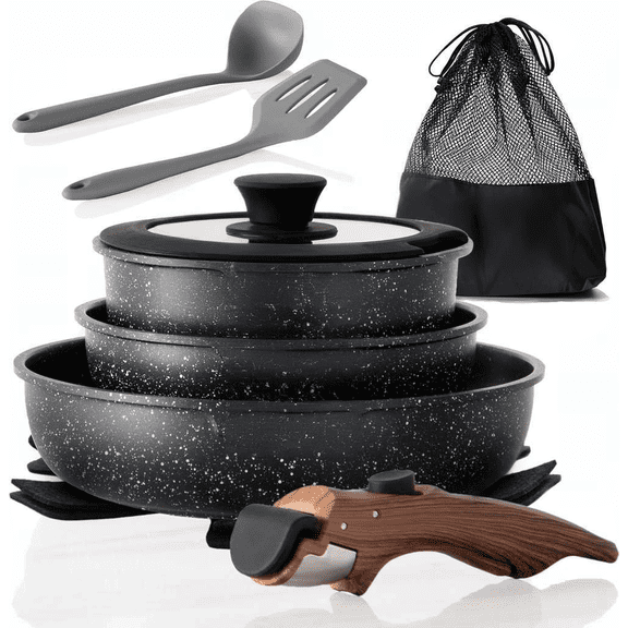 Removable Handle Induction Cookware Set 10 Piece Nonstick Black Granite Stackable Pots and Pans for RV Camping