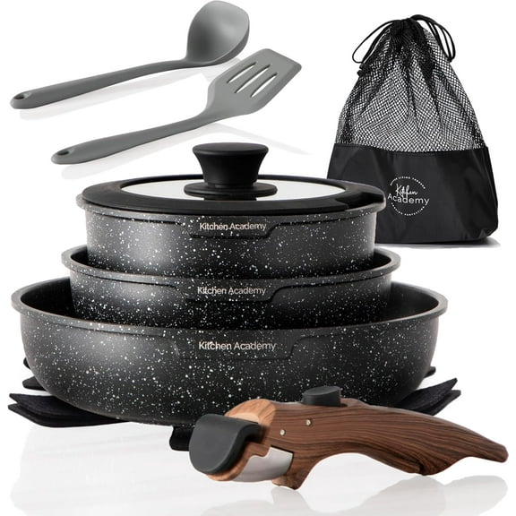 Removable Handle Induction Cookware Set 10 Piece Nonstick Black Granite Stackable Pots and Pans