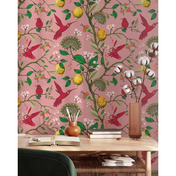 Removable Hummingbird Lemon Tree Wallpaper, Self Adhesive Peel and Stick Mural, Botanical Birds Decor for Walls Furniture Doors, Pink
