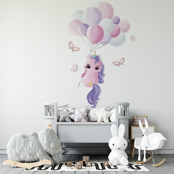 Removable Kids Bedroom Nursery Baby Unicorn Watercolor Art Vinyl Wall Decal - 20" x 30" Home Decor Balloons Butterflies Horse Pony Decor Design Adhesive Decoration Sticker