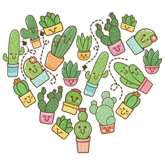 Removable Living Room Heart Shaped Cactus Doodle Decoration Multicolored Succulents Design Vinyl Wall Decal - 16" x 20" Home Bedroom Desert Plants Cartoon Drawing Art Adhesive Wall Decor Sticker