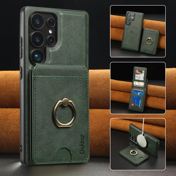 Removable Magnetic Phone Case for Samsung Galaxy S23, with Card Slots Holder Ring Kickstand, Compatible with Magsafe 2 in 1 Case, Classic Drop Protective PU Leather Men Women - Green