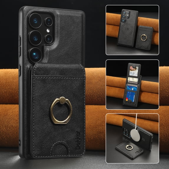 Removable Magnetic Phone Case for Samsung Galaxy S23, with Card Slots Holder Ring Kickstand, Compatible with Magsafe 2 in 1 Case, Classic Drop Protective PU Leather Men Women - Black