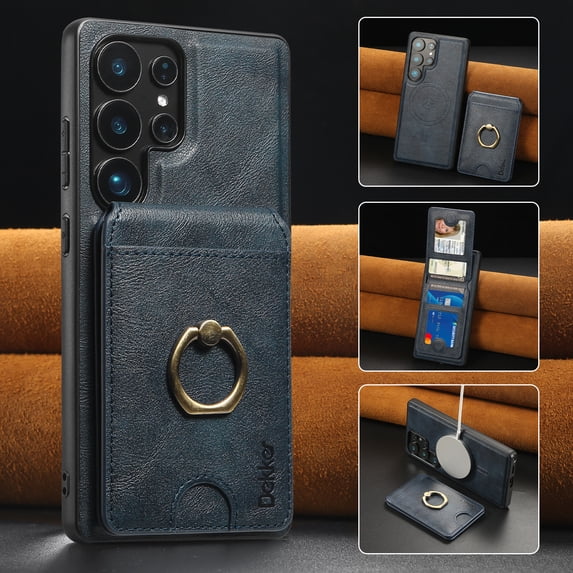 Removable Magnetic Phone Case for Samsung Galaxy S24, with Card Slots Holder Ring Kickstand, Compatible with Magsafe 2 in 1 Case, Classic Drop Protective PU Leather Men Women - Blue