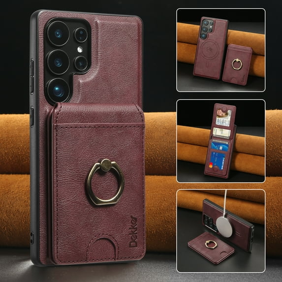 Removable Magnetic Phone Case for Samsung Galaxy S25 Edge, with Card Slots Holder Ring Kickstand, Compatible with Magsafe 2 in 1 Case, Classic Drop Protective PU Leather Men Women - Winered