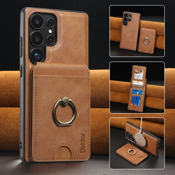 Removable Magnetic Phone Case for Samsung Galaxy S25 Ultra, with Card Slots Holder Ring Kickstand, Compatible with Magsafe 2 in 1 Case, Classic Drop Protective PU Leather Men Women - Brown
